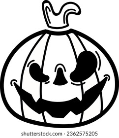 Halloween hand drawn pumpkin icon. Whute outline spooky pumpkin smile face. Emotional holiday character. Elements for autumn decorative design, invitation and card. Flat cartoon vector illustration.