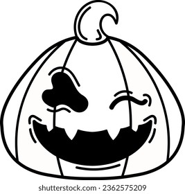 Halloween hand drawn pumpkin icon. Whute outline spooky pumpkin smile face. Emotional holiday character. Elements for autumn decorative design, invitation and card. Flat cartoon vector illustration.