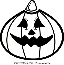 Halloween hand drawn pumpkin icon. Whute outline spooky pumpkin smile face. Emotional holiday character. Elements for autumn decorative design, invitation and card. Flat cartoon vector illustration.