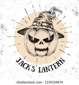Halloween hand drawn pumpkin Jack`s Lantern vector illustration. Hipster style