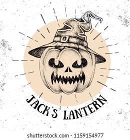 Halloween hand drawn pumpkin Jack`s Lantern vector illustration. Hipster style