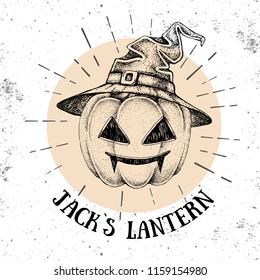 Halloween hand drawn pumpkin Jack`s Lantern vector illustration. Hipster style
