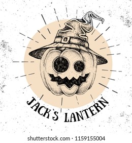 Halloween hand drawn pumpkin Jack`s Lantern vector illustration. Hipster style