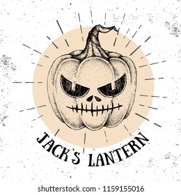 Halloween hand drawn pumpkin Jack`s Lantern vector illustration. Hipster style