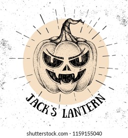 Halloween hand drawn pumpkin Jack`s Lantern vector illustration. Hipster style