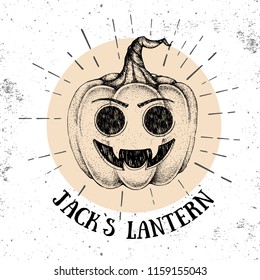 Halloween hand drawn pumpkin Jack`s Lantern vector illustration. Hipster style