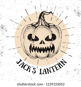 Halloween hand drawn pumpkin Jack`s Lantern vector illustration. Hipster style