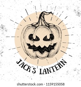 Halloween hand drawn pumpkin Jack`s Lantern vector illustration. Hipster style