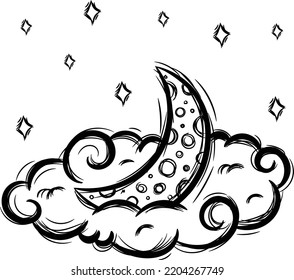 Halloween hand drawn scary moon and stars doodle black sketch