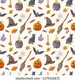 Halloween hand drawn seamless pattern. Halloween Pattern with pumpkins, Jack-o'-lantern, cats, bats, brooms, spiders, candies, candles, spider web and autumn leaves.