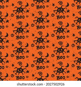 Patrón impecable dibujado a mano en Halloween con una araña y símbolos y elementos decorativos negros 