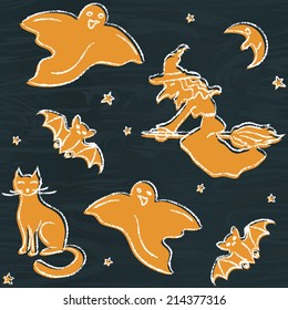 Halloween hand drawn seamless pattern with silhouettes