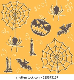 Halloween hand drawn seamless pattern with spiders and web