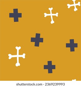 Halloween hand drawn seamless pattern. Crosses and bones on yellow background.