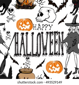 Halloween. Hand drawn seamless pattern. Witch, skulls, pumpkins, black cat, bats, magic potion, bones.