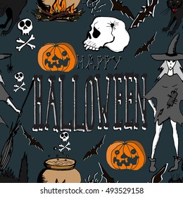 Halloween. Hand drawn seamless pattern. Witch, skulls, pumpkins, black cat, bats, magic potion, bones.
