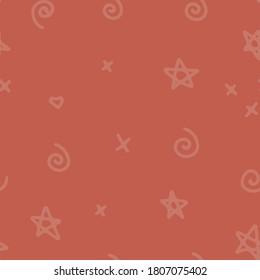 Halloween hand drawn seamless vector pattern with orange cross, star and spiral on a red background. Linear doodle style design. Concept for children textile print, wrapping paper, holiday decor
