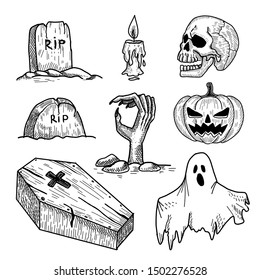 Halloween hand drawn set: grave with zombie hand, coffin ghost.