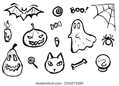 Halloween hand drawn set. Illustration of cute witch, ghost, pumpkin, vampire, cat, bat, spider. Simple brush stroke elements.