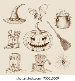 Halloween hand drawn set with lantern of jack sack of candies cauldron broom isolated monochrome vector illustration