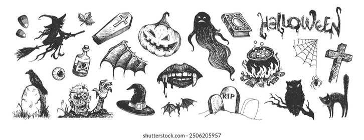 Halloween hand drawn set. Vector illustration.