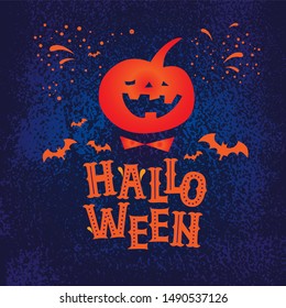 Halloween, hand drawn sign, logo. Vector illustration of laughing pumpkin and bats on dark blue background. Design concept for party invitation, greeting card, poster.
