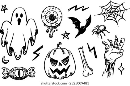 Dibujado a mano de Halloween boceto, fantasma, ojo, murciélago, araña, telarañas, caramelo, calabaza, hueso, mano zombi, Ilustración vectorial, doodle conjunto