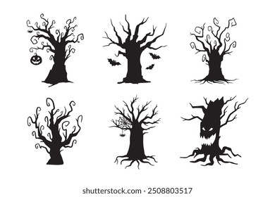 Conjunto de silueta de doodle de árbol espeluznante dibujado a mano de Halloween. Árboles espeluznantes. Ilustración vectorial