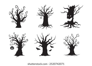 Halloween hand drawn spooky tree doodle silhouette set. Creepy trees . Vector illustration