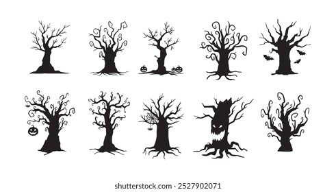 Halloween hand drawn spooky tree doodle silhouette set. Creepy trees . Vector illustration