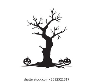 Halloween hand drawn spooky tree doodle silhouette. Creepy tree with pumpkin. Vector illustration