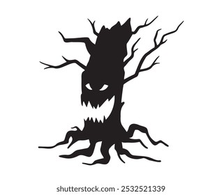 Halloween hand drawn spooky tree doodle silhouette. Creepy tree with face. Vector illustration