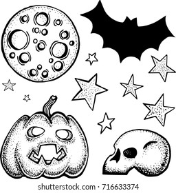 Halloween hand drawn symbol set. Moon, bat, pumpkin, skull and stars.
Vector illustration isolated on white background.