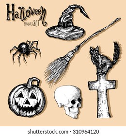 Halloween hand drawn symbols set. Vector illustration.