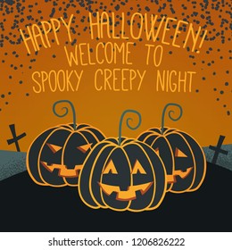 Halloween hand drawn three pumpkins invitation or greeting Cards set. Vector illustration.