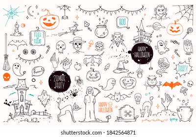 Halloween hand drawn traditional symbols. Carved pumpkin, spider web, witch with hat on a broom, bat, zombie hand, skull, magic potion pot. Doodle style vector clipart illustrations collection.