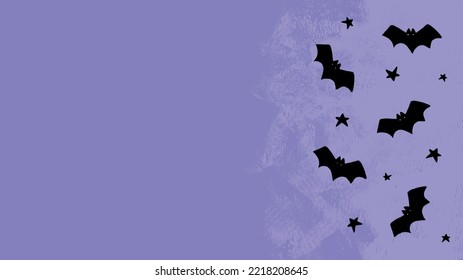 Halloween Hand Drawn Vector Background with Black Flying Bats. Little Bats and Stars on a Grunge Violet Background. Halloween Party Illustration. Top View Composition ideal for Card, Banner, Flyer.