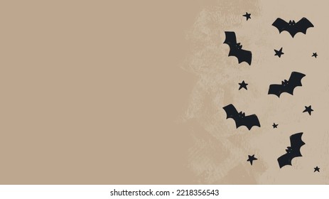 Halloween Hand Drawn Vector Background with Black Flying Bats. Little Bats and Stars on a Grunge Dusty Beige Background. Halloween Party Illustration. Top View Composition ideal for Card, Banner.
