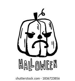 Halloween hand drawn vector clip art of pumpkin. Cartoon pumpkin with funny face. Coloring book page for Halloween. Coloring page. Black and White Cartoon Illustration.