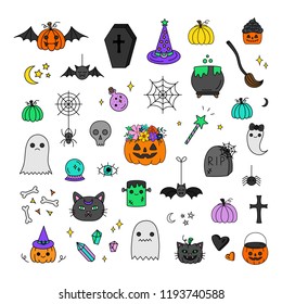 Halloween hand drawn vector icon set. Cute Halloween spooky hand drawn illustrations. Carved and festive pumpkins, candy, witch, trick or treat, night and cemetery objects, animals and ghosts.