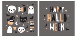 Halloween Hand Drawn Vector Illustration With Cute Pumpkin, Ghosts, Black Cat, Funny Skulls And Bats On A Dark Gray Background. Kawaii Style Decoration For Halloween Party. Happy Halloween Card.