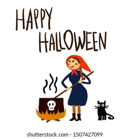 Halloween hand drawn vector illustration with funny witch and a black cat cooking poison