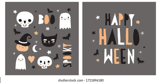 Halloween Hand Drawn Vector Illustration and Cute Pumpkin  Ghosts  Black Cat  Funny Skulls   Bats Dark Gray Background  Kawaii Style Decoration for Halloween Party  Happy Halloween Card 