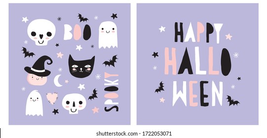 Halloween Hand Drawn Vector Illustration with Cute Pumpkin, Ghosts, Black Cat, Funny Skulls and Bats on a Pastel Violet Background. Kawaii Style Decoration for Halloween Party. Happy Halloween Card.