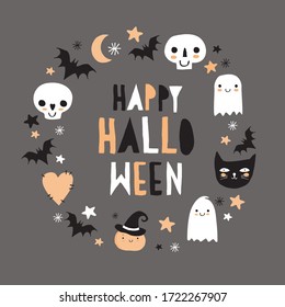 Halloween Hand Drawn Vector Illustration and Cute Pumpkin  Ghosts  Black Cat  Funny Skulls   Bats Dark Gray Background  Kawaii Style Decoration for Halloween Party  Happy Halloween Card 
