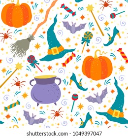 Halloween hand drawn vector seamless pattern with.