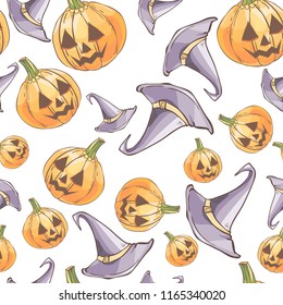 halloween hand drawn vector seamless pattern with pumpkin and witch hat on white background