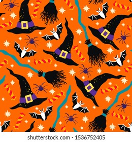 Halloween hand drawn vector seamless pattern.