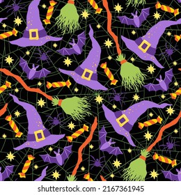 Halloween hand drawn vector seamless pattern with witch accessories, bats and sweets.