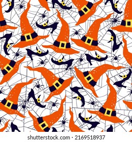 Halloween hand drawn vector seamless pattern with witch accessories.